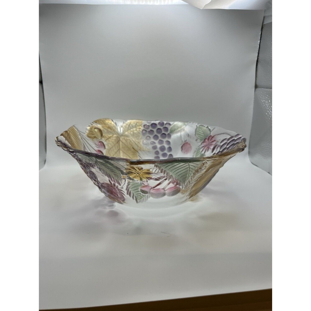 Vintage Mikasa Chablis Colorful Fruit Leaves Oval Blown Glass Dessert Bowl